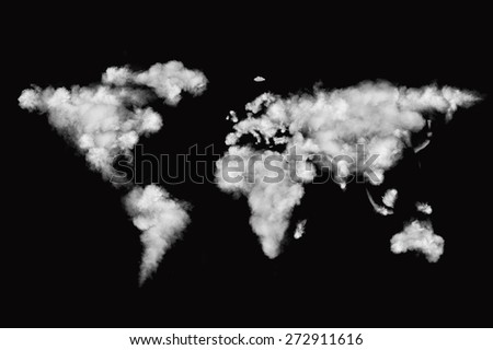 world map made of white puffy clouds isolated on black background
