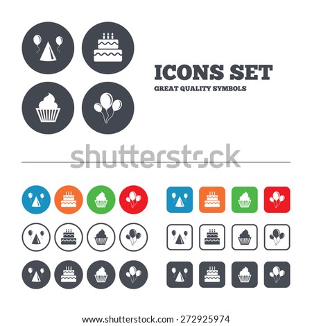 Birthday party icons. Cake, balloon, hat and muffin signs. Celebration symbol. Cupcake sweet food. Web buttons set. Circles and squares templates. Vector