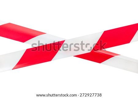 Two crossed red and white tapes isolated on white background. This tapes are using as a sign to mark and prevent from dangerous or risky zones.