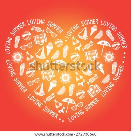 Summer icons collection in shape of heart.Holidays, sea and beach symbols against reg and orange background. Vector illustration.