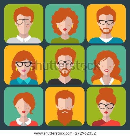 Vector set of different redhead people app icons in flat style. People heads and faces images collection. Royalty-Free Stock Photo #272962352