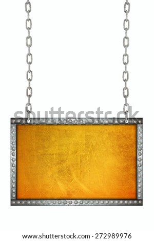 Scratches on a metallic gold signboard hanging on chains isolated