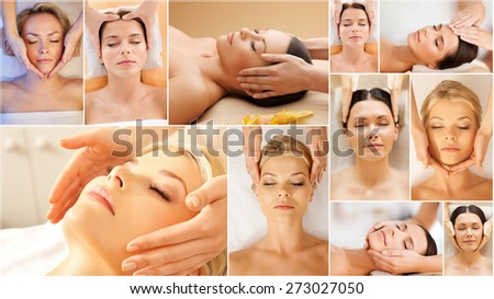 beauty, healthy lifestyle and relaxation concept - collage of many pictures with beautiful young women having facial treatment in spa salon