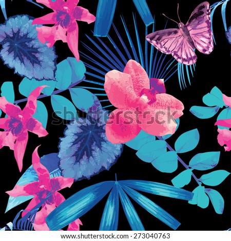 pink orchids, butterflies and blue palm leaves seamless background
