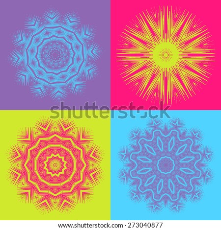 Set of 4 ornate multicolor mandala. Fantasy geometric element for design. Bright colorful oriental motif. Vintage vivid vector illustration.Purple, pink, green and blue symbols.