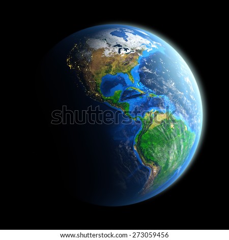 Planet Earth isolated on black. Detailed picture of the Earth, view of American continent. Elements of this image furnished by NASA