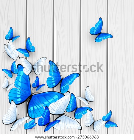 Blue and white butterflies on wooden background, illustration.