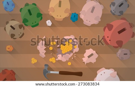 A group of piggy banks looking one of them smashed with a hammer