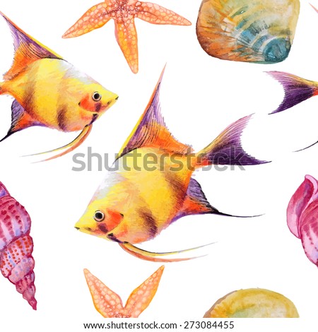 Vector seamless watercolor tropical fish pattern