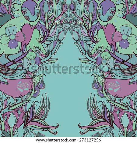 Vector decorative floral background, illustration with gorgeous ornamental frame. Pattern with unique flowers, birds and fabulous creatures. Can be used as greeting card, invitations, postcard.
