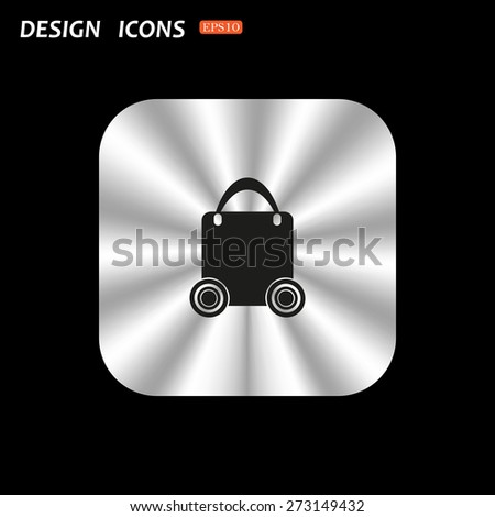 metal square with rounded corners button on a black background. bag on wheels. icon. vector design