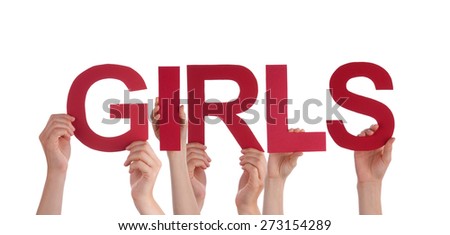 Many Caucasian People And Hands Holding Red Straight Letters Or Characters Building The Isolated English Word Girls On White Background