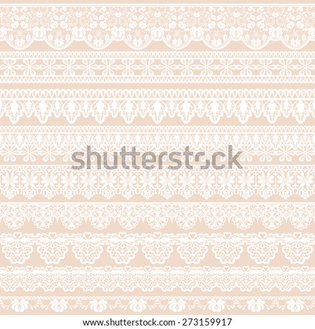 Set of white lace borders isolated on beige background