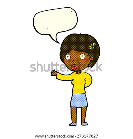 cartoon waving woman with speech bubble