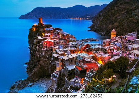 Vernazza village, aerial view on sunset, Seascape in Five lands, Cinque Terre National Park, Liguria Italy Europe. Long Exposure.
