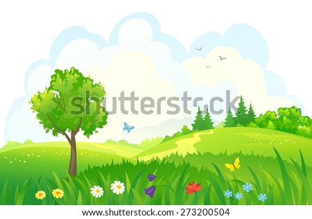 Vector cartoon illustration of beautiful summer green meadows and woods