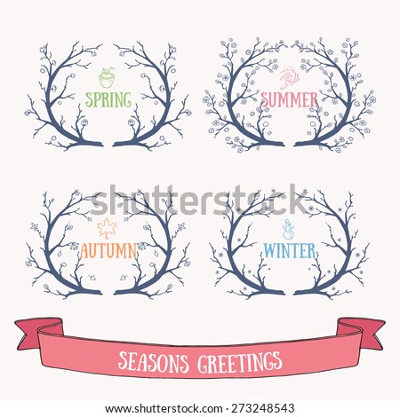 Hand drawn vector seasons wreaths. Spring, summer, fall and winter doodles for invitations and greeting cards.