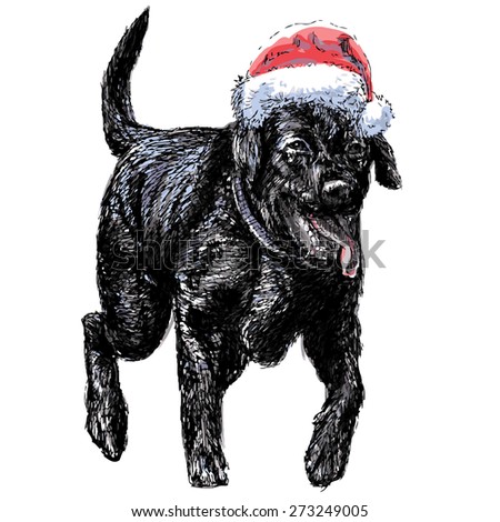 Black Labrador Retriever with santa claus hat hand drawn vector , use for christmas background