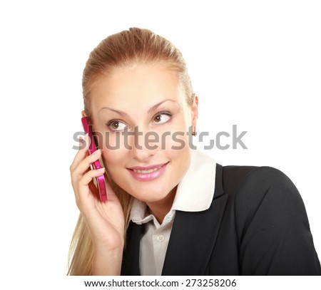 Businesswoman talking on the mobile cell phone isolated over white background
