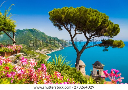 Scenic picture-postcard view of famous Amalfi Coast with Gulf of Salerno from Villa Rufolo gardens in Ravello, Campania, Italy