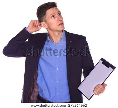 Businessman holding a blank white board
