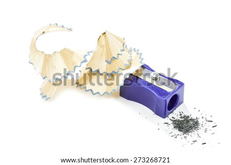 Blue plastic pencil sharpener with shavings on a white background