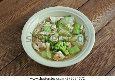 Cock-a-leekie soup -  Scottish soup dish of leeks and chicken stock. Royalty-Free Stock Photo #273284372