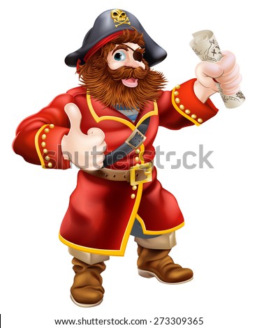 An illustration of a cartoon pirate doing a thumbs up and holding a scroll treasure map