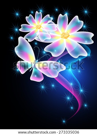 Neon butterflies and transparent daisy with glowing smoke and stars