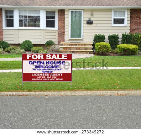 Real estate for sale open house welcome sign tight shot of suburban ranch style home tan brownstone front yard residential neighborhood USA