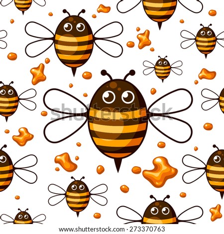 Seamless pattern with cartoon bees on honeycomb background