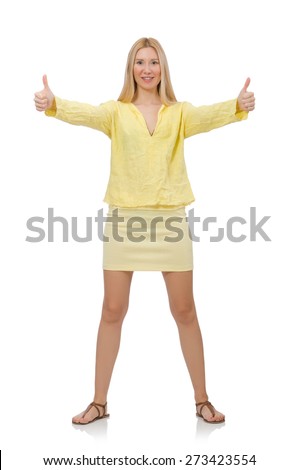 Pretty young woman in summer yellow clothing isolated on white