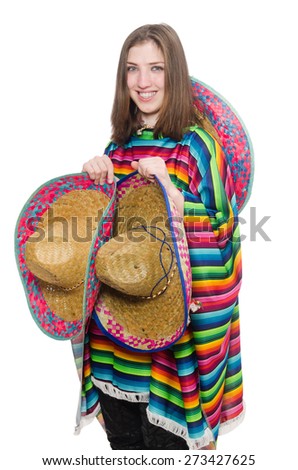 Pretty mexican girl in vivid poncho isolated on white