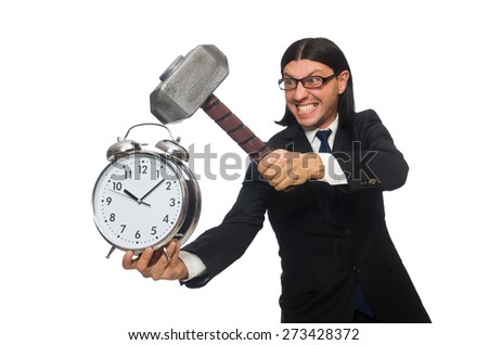 Handsome businessman holding hammer and alarm clock isolated on white