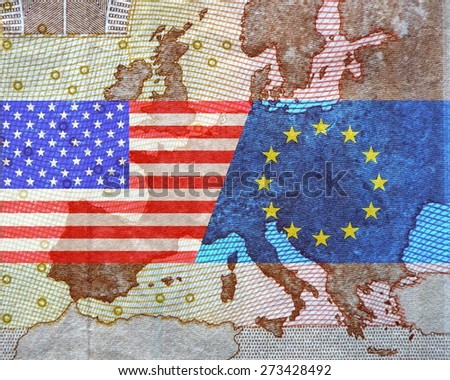 TTIP - American and European flag in front of a map of Europe. Royalty-Free Stock Photo #273428492