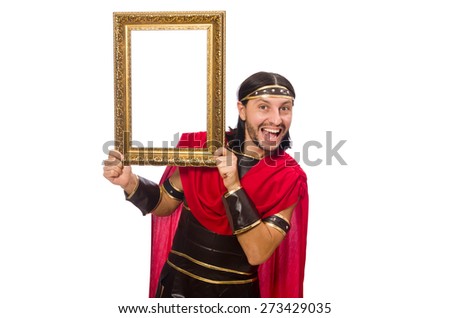 Gladiator holding picture frame isolated on white