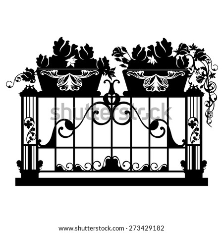 elegant iron balcony with rose flower pots  - black and white vector silhouette design