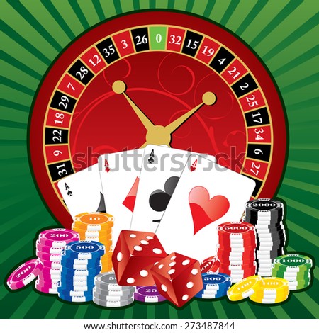 Roulette, cards, dices and poker chips on green background. Elements on separate layers(5 layers). 