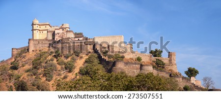 Built upon a hill, Kumbhalgarh Fortress, an old, 15th century Mewar redout with its crenelated battlements, stands watch over a valley in Western India.