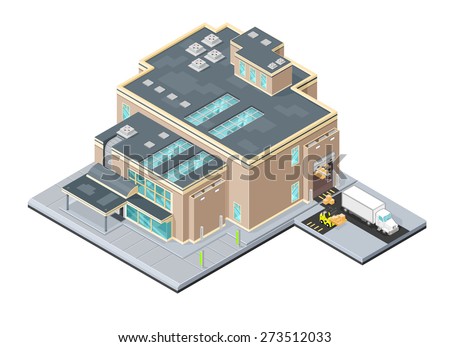 A vector illustration of a modern warehouse distribution center. Isometric Warehouse factory. Isometric Industrial outlet factory facility.