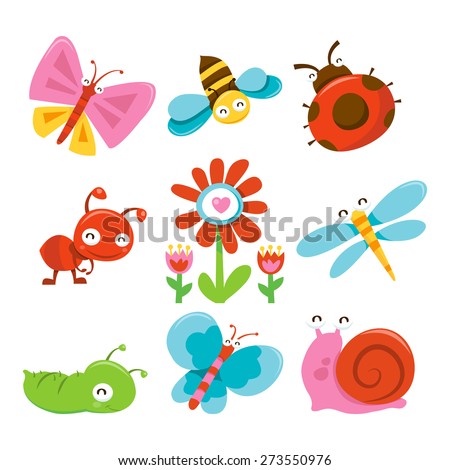 A cartoon vector illustration of happy sweet and cute garden bugs icons. Included in this set:- butterfly, bee, ladybug, ant, flower, dragonfly, worm, caterpillar, and snail. 