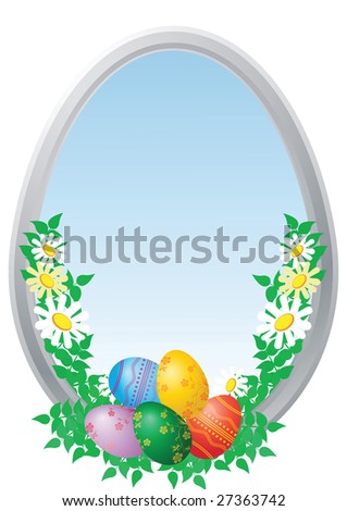 Easter coloured eggs on a blue background with camomiles