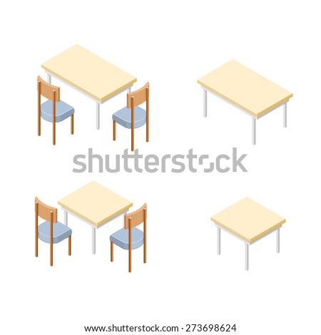 A vector illustration of a wooden table and chairs. Isometric household table and chairs. Isometric seat and table made form wood.