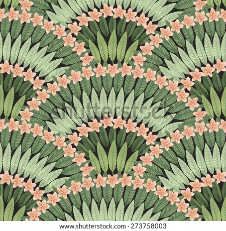 Vector seamless pattern of hand drawn tropical pink flowers and green leaves on a black background  Royalty-Free Stock Photo #273758003