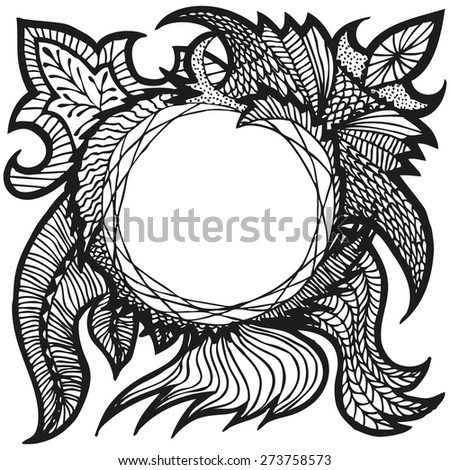 Background with doodling hand drawn frame and place for text, floral, feather, scales, shading, web, waves, lines, plait patterns, vector illustration