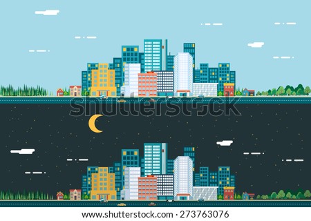 Day and night Urban Landscape City Real Estate Summer Background Flat Design Concept Icon Template Vector Illustration Royalty-Free Stock Photo #273763076