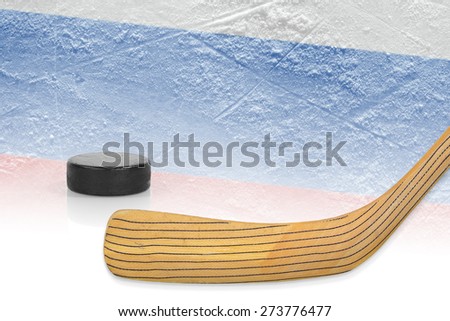 Stick, puck and hockey field with the Russian flag. Concept