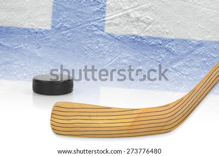 Stick, puck and hockey field with the Finnish flag. Concept