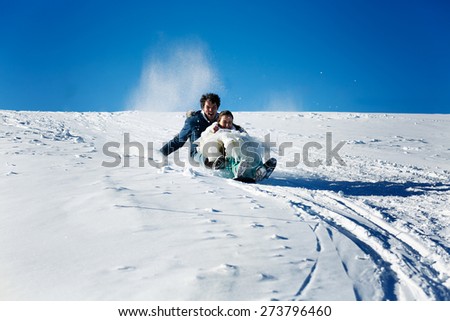 bride and groom in love sledding background of the Alps Courchevel