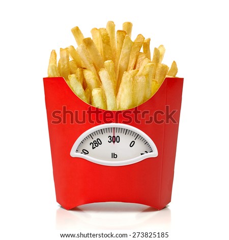 French fries in red box with weight scale in Lb. on white background